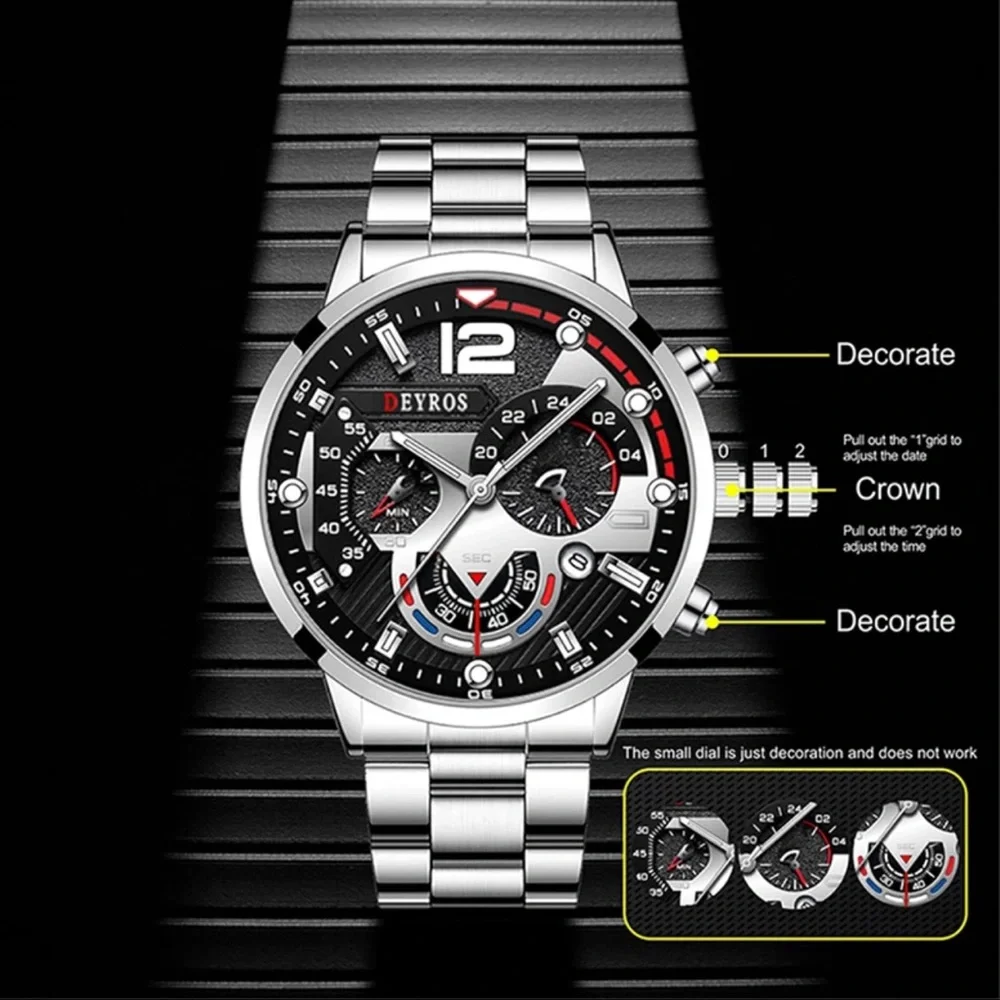 New Silver Chronograph Mens Sport Quartz Waterproof Luxury Stainless Steel Watch - Picture 4 of 13